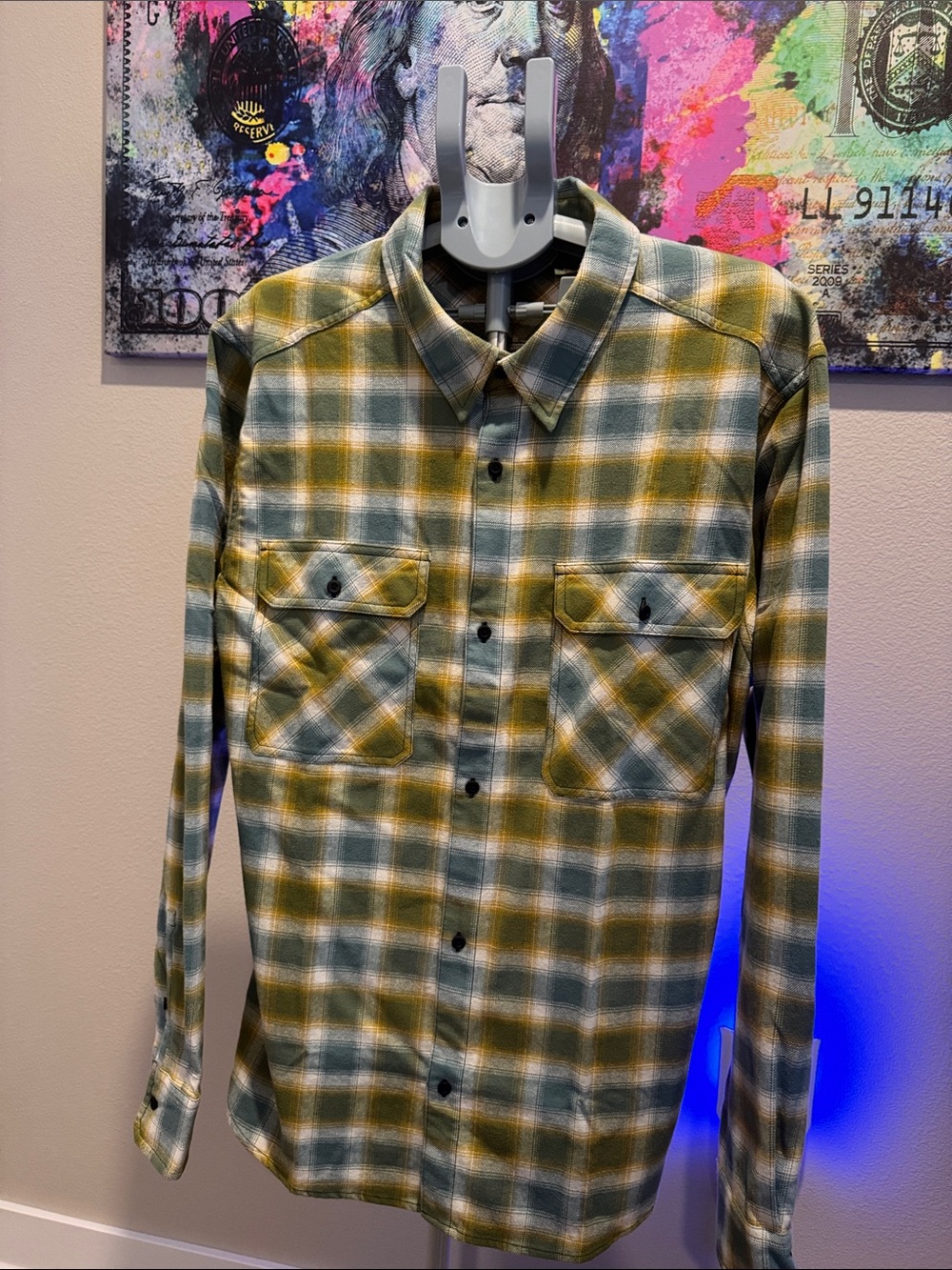 Oakley Olive Green and White Plaid Flannel Button-Down Shirt